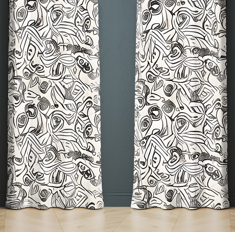 Abstract Window Curtain - Black and White Swirly Rabbits - Deja Blue Studios