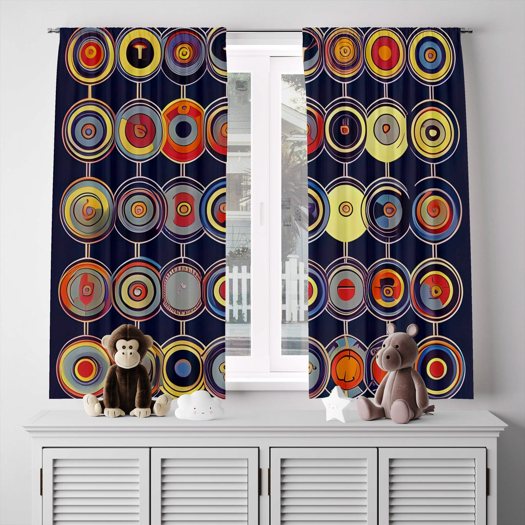 Abstract Window Curtain - Retro Blue and Orange Polka Dots - Deja Blue Studios