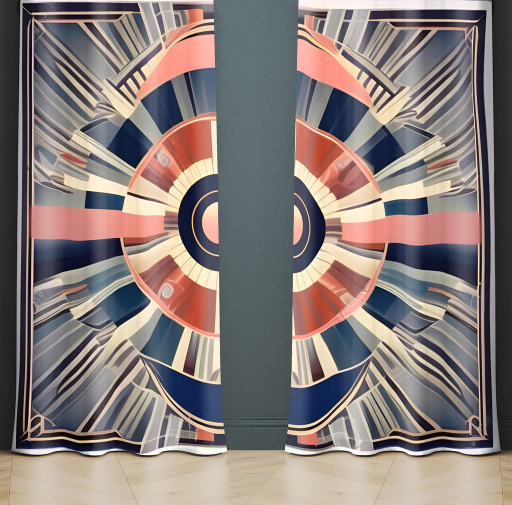 Abstract Window Curtain - Orange and Blue Retro Kaleidoscope - Deja Blue Studios