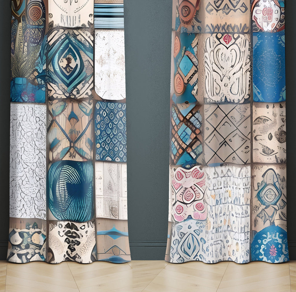 Abstract Window Curtain - Blue and Tan Quilted Pattern - Deja Blue Studios