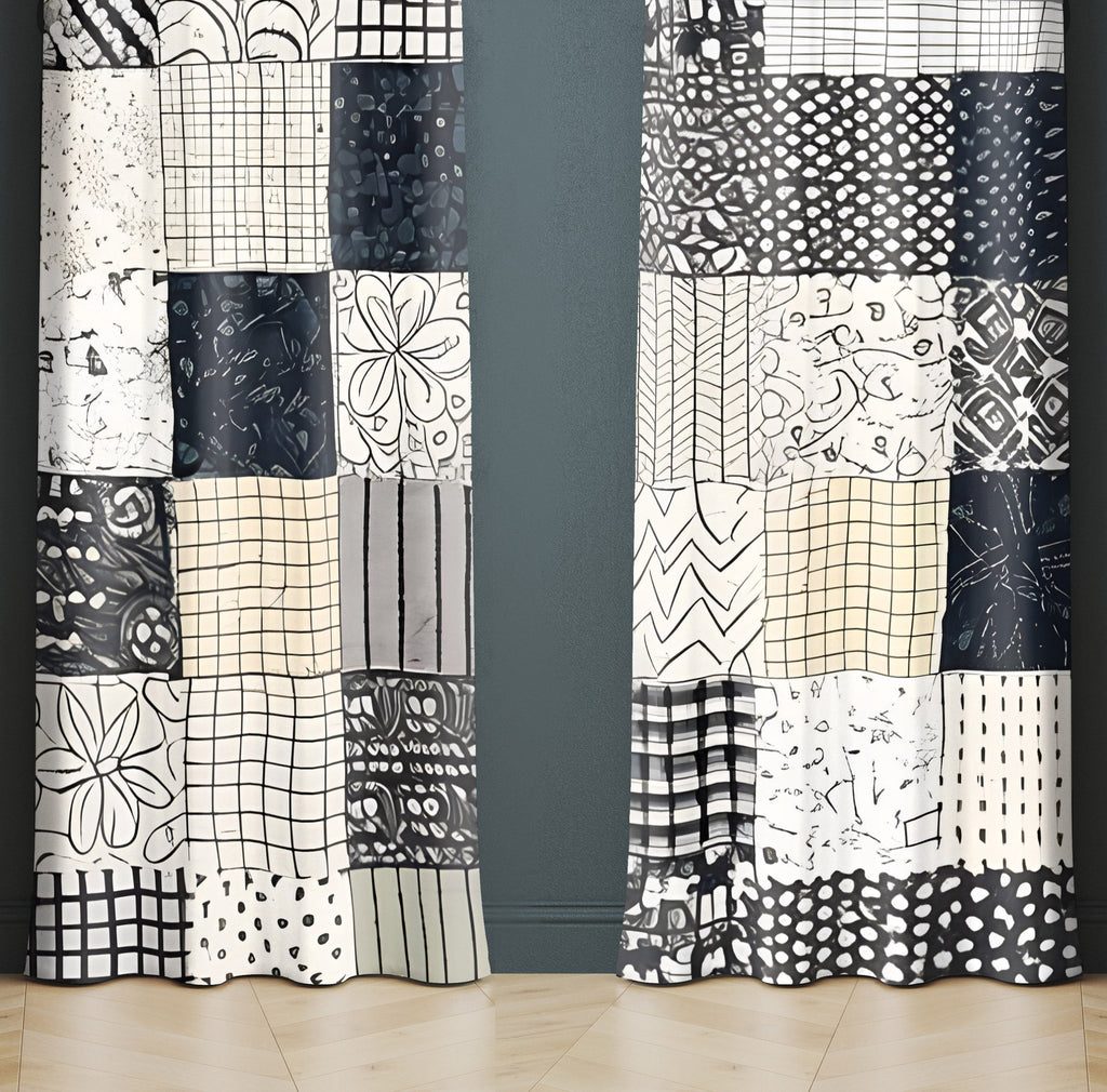 Checkered Window Curtain - Black and White Abstract Pattern - Deja Blue Studios