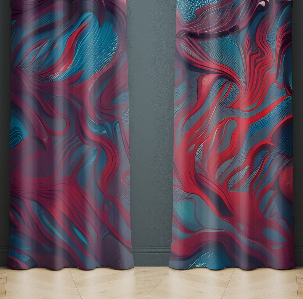 Abstract Window Curtain - Blue and Red Faux Alcohol Ink Pattern - Deja Blue Studios