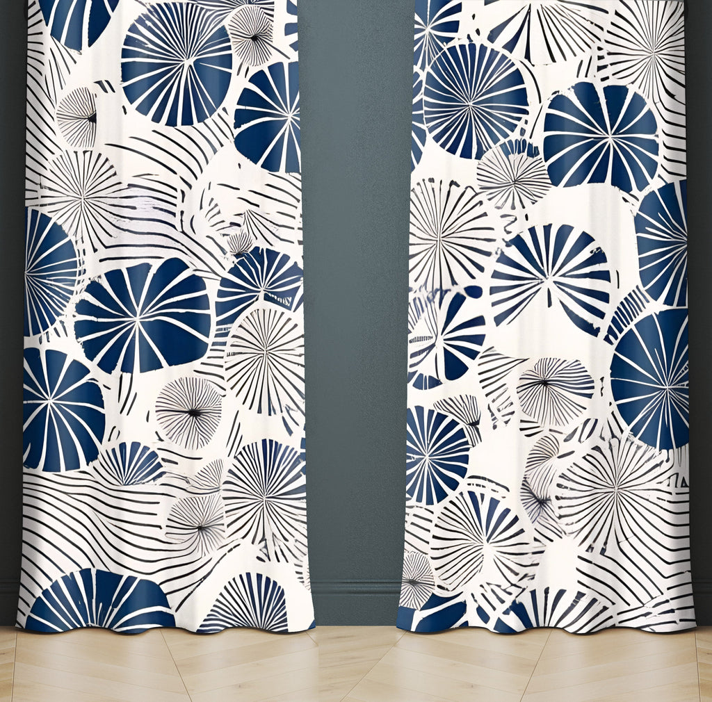 Abstract Window Curtain - Blue and Beige Fan Leaf - Deja Blue Studios