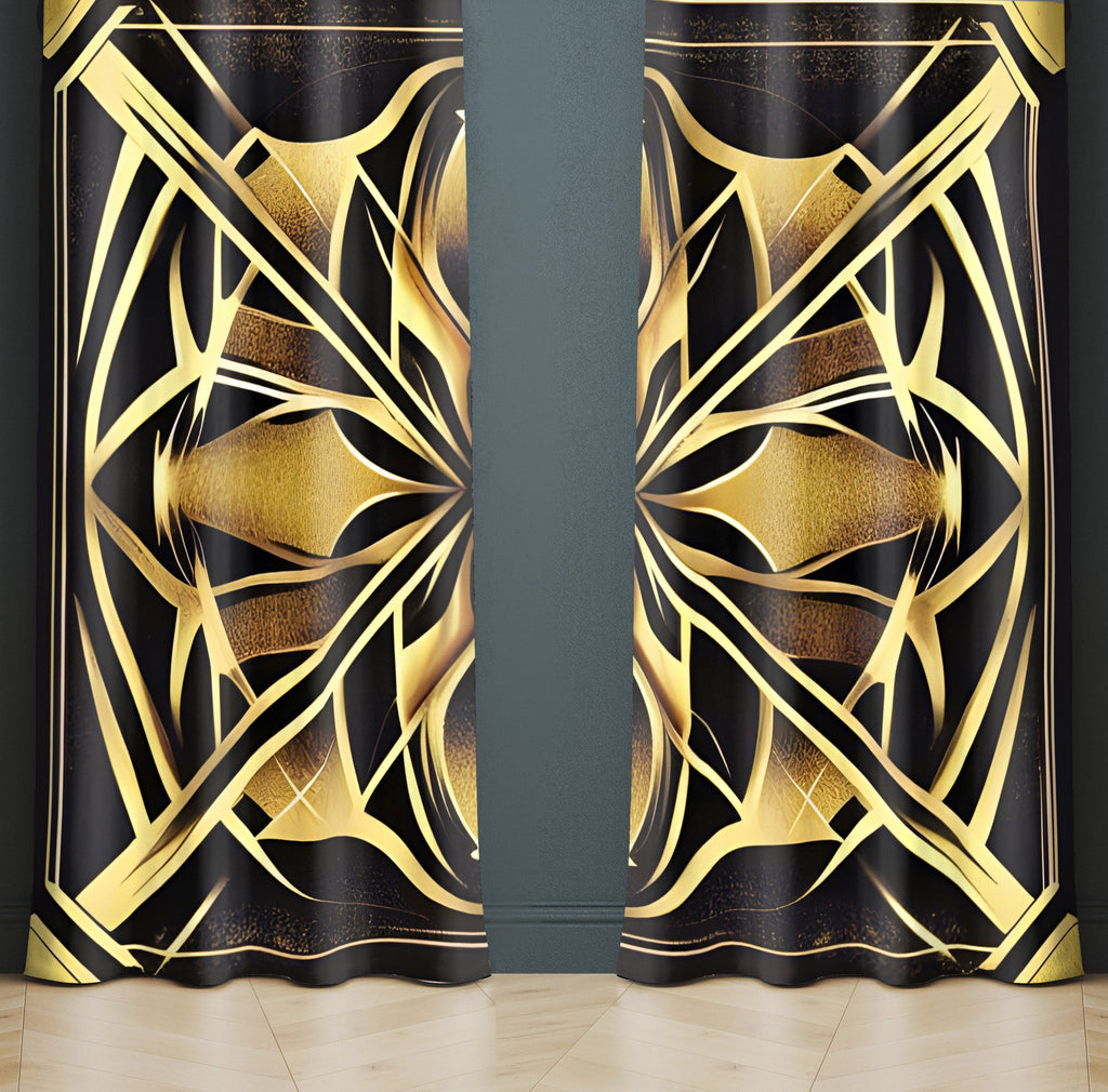 Art Deco Window Curtains - Abstract Retro Gold and Black - Deja Blue Studios