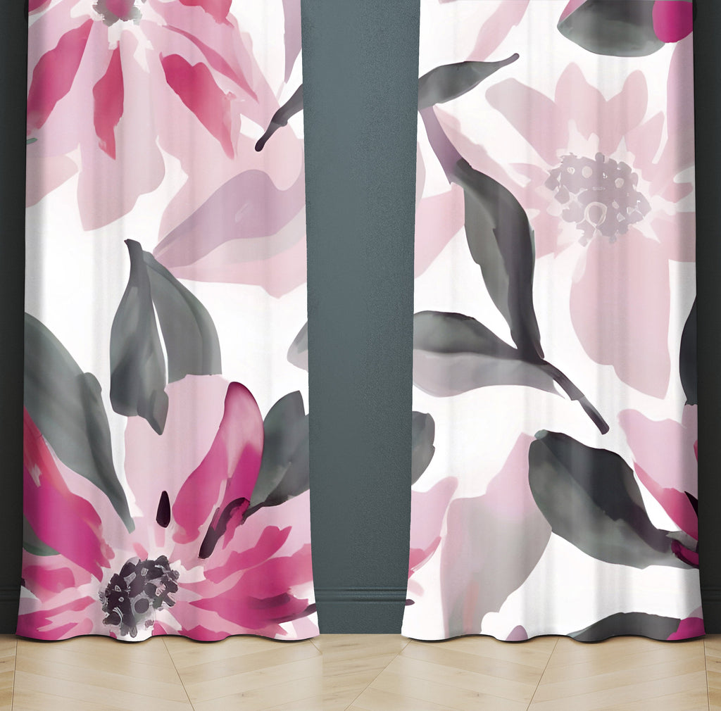 Floral Window Curtain - Pink and Gray Dahlia - Deja Blue Studios