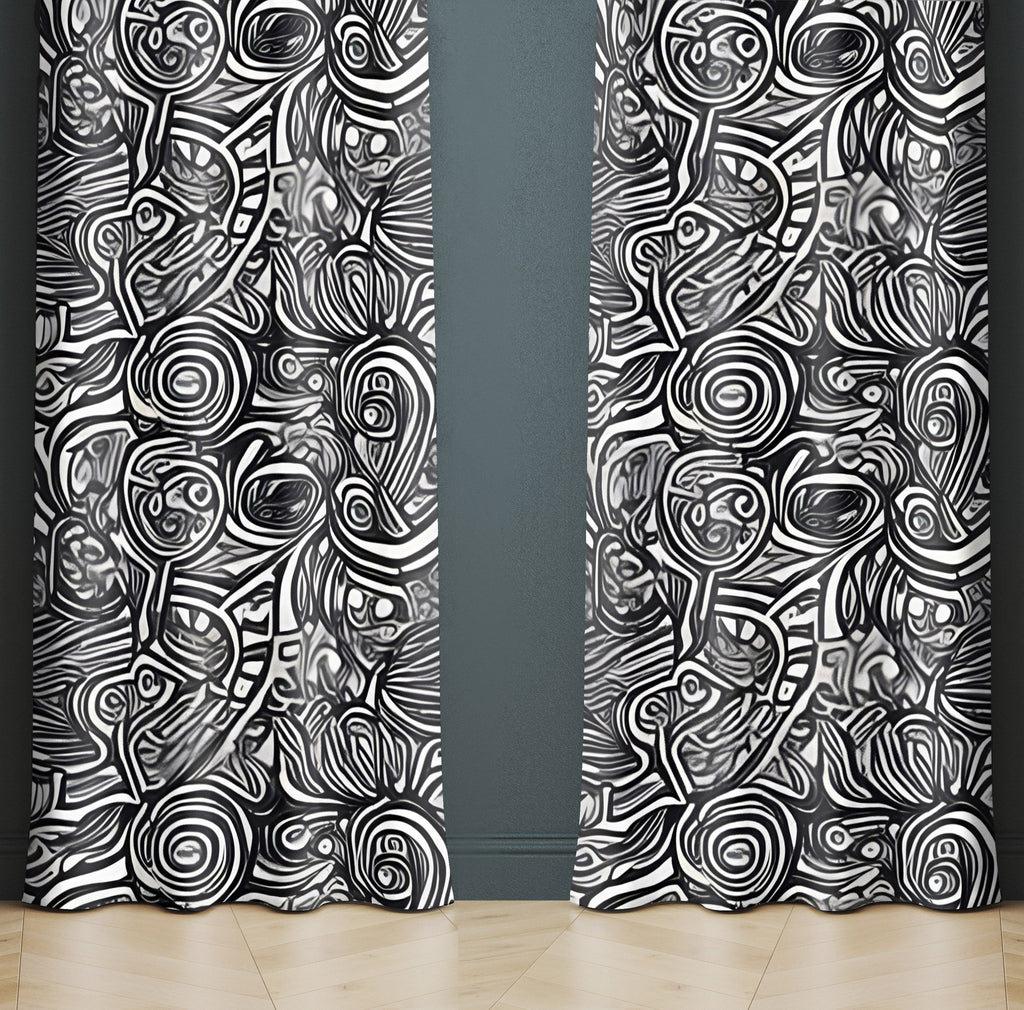Abstract Window Curtain - Black and White Spinny Swirls - Deja Blue Studios