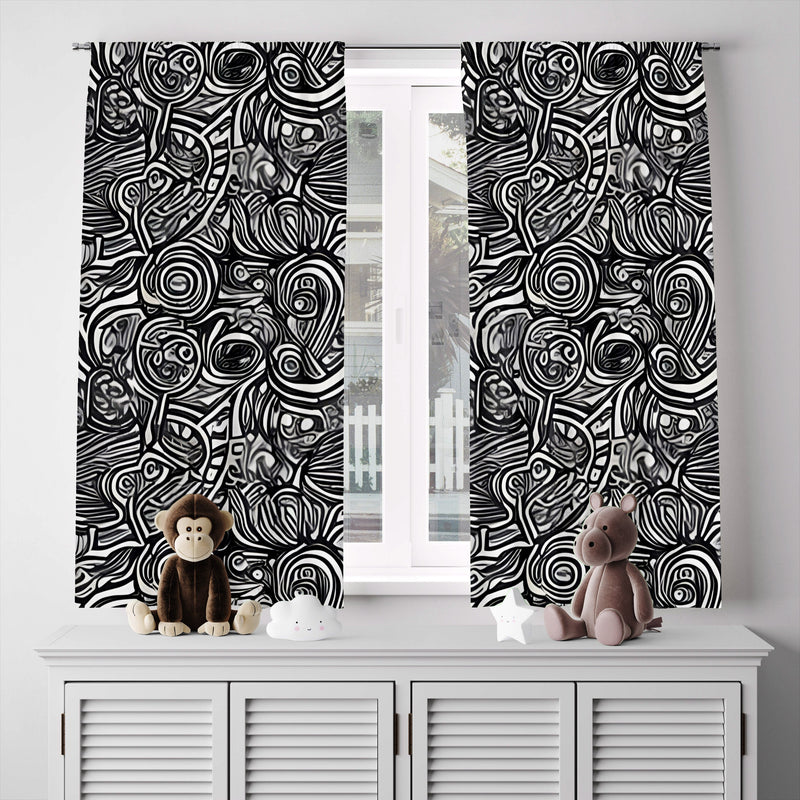 Abstract Window Curtain - Black and White Spinny Swirls - Deja Blue Studios