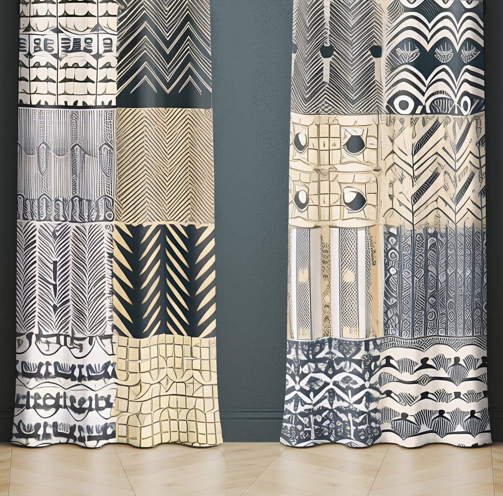 Abstract Window Curtain - Blue and Tan Multi Pattern - Deja Blue Studios