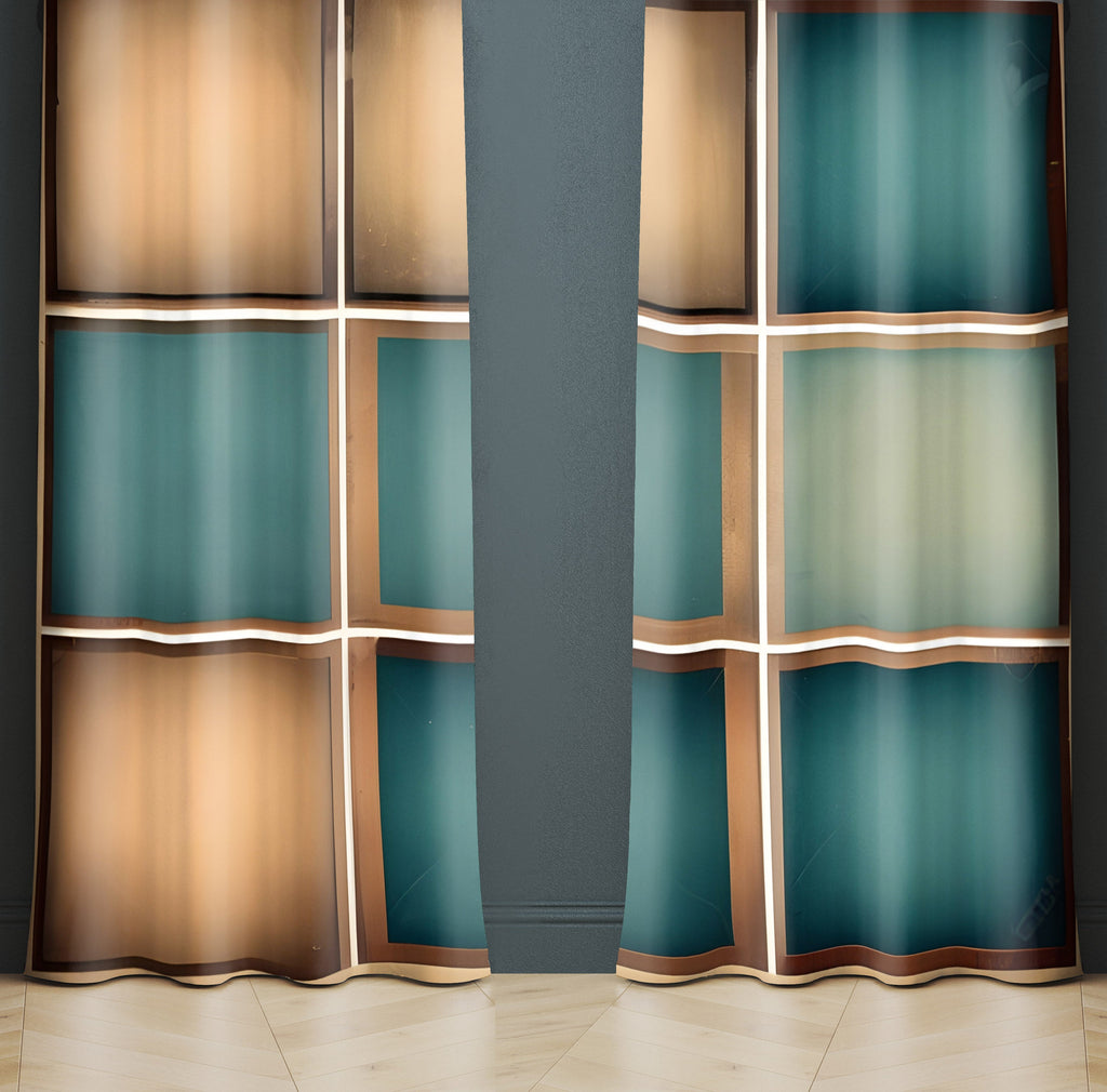 Checkered Window Curtain - Abstract Tan and Blue Chalkboard - Deja Blue Studios