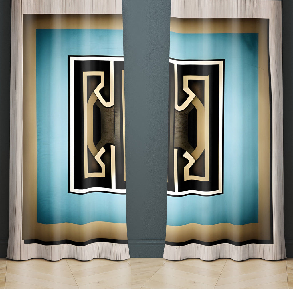 Abstract Window Curtain - Modern Grecian Blue and Gold Pattern - Deja Blue Studios