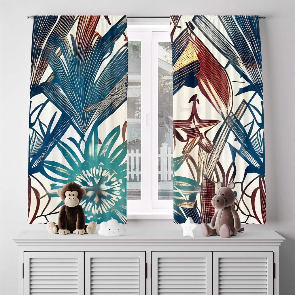 Floral Window Curtain - Blue and Red Abstract Wildflower Pattern - Deja Blue Studios