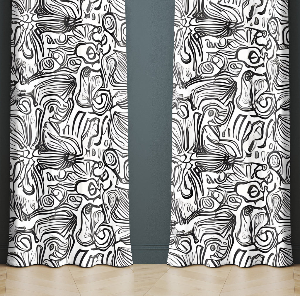 Abstract Window Curtain - Black and White Swirled Florals - Deja Blue Studios