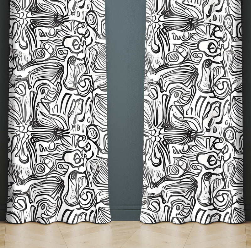 Abstract Window Curtain - Black and White Swirled Florals - Deja Blue Studios