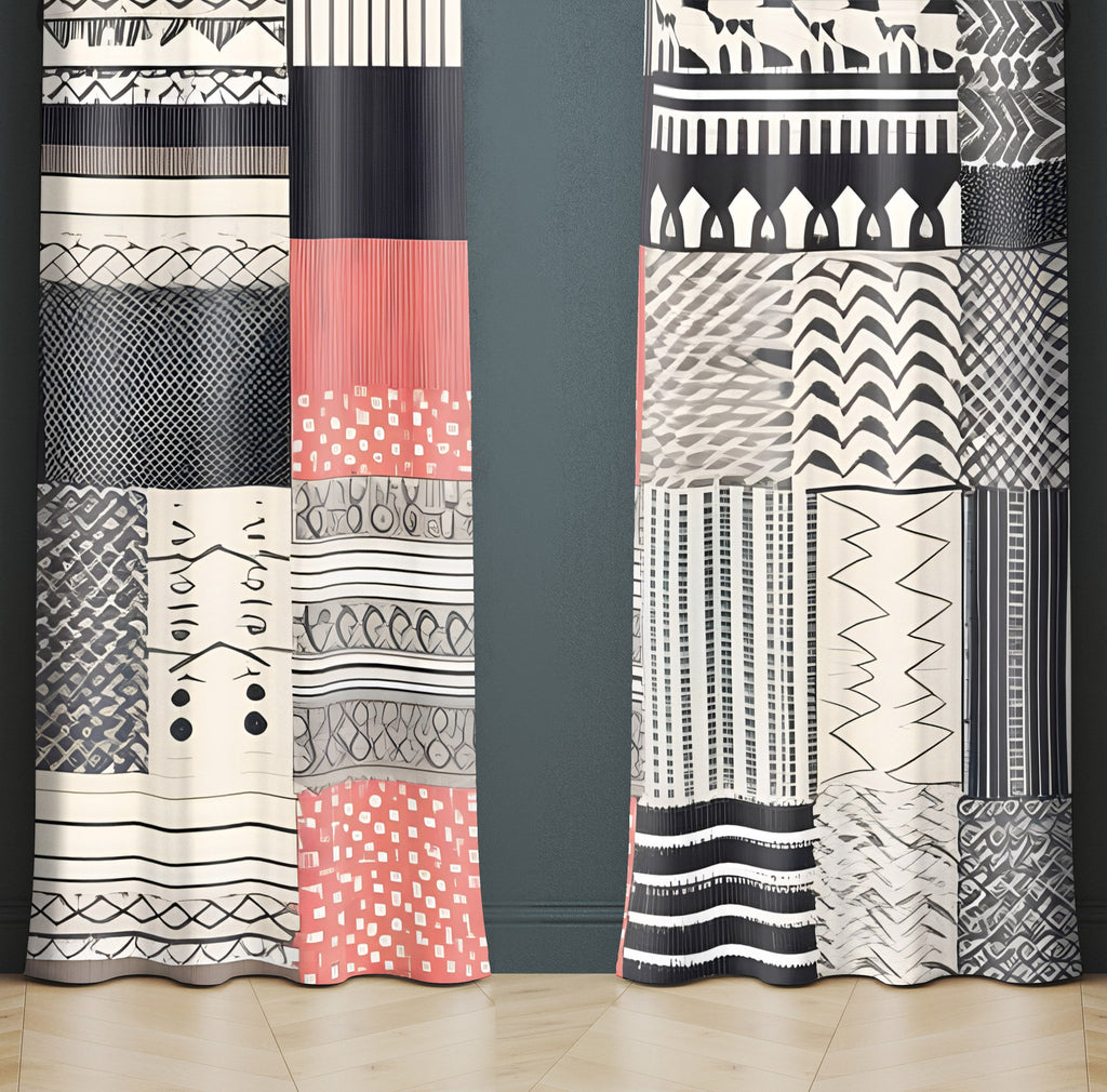 Abstract Window Curtain - Coral, Black, and Tan Multi Patterned - Deja Blue Studios