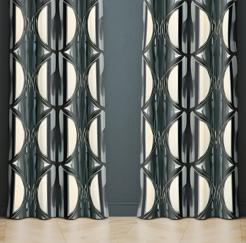 Abstract Window Curtain -  Green and Gray Art Deco Pattern - Deja Blue Studios