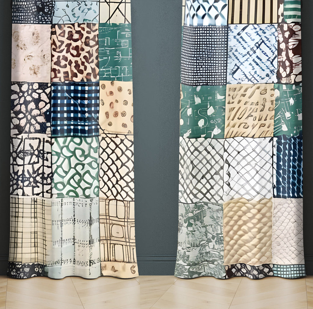 Abstract Window Curtain - Green and Tan Faux Quilted Pattern - Deja Blue Studios