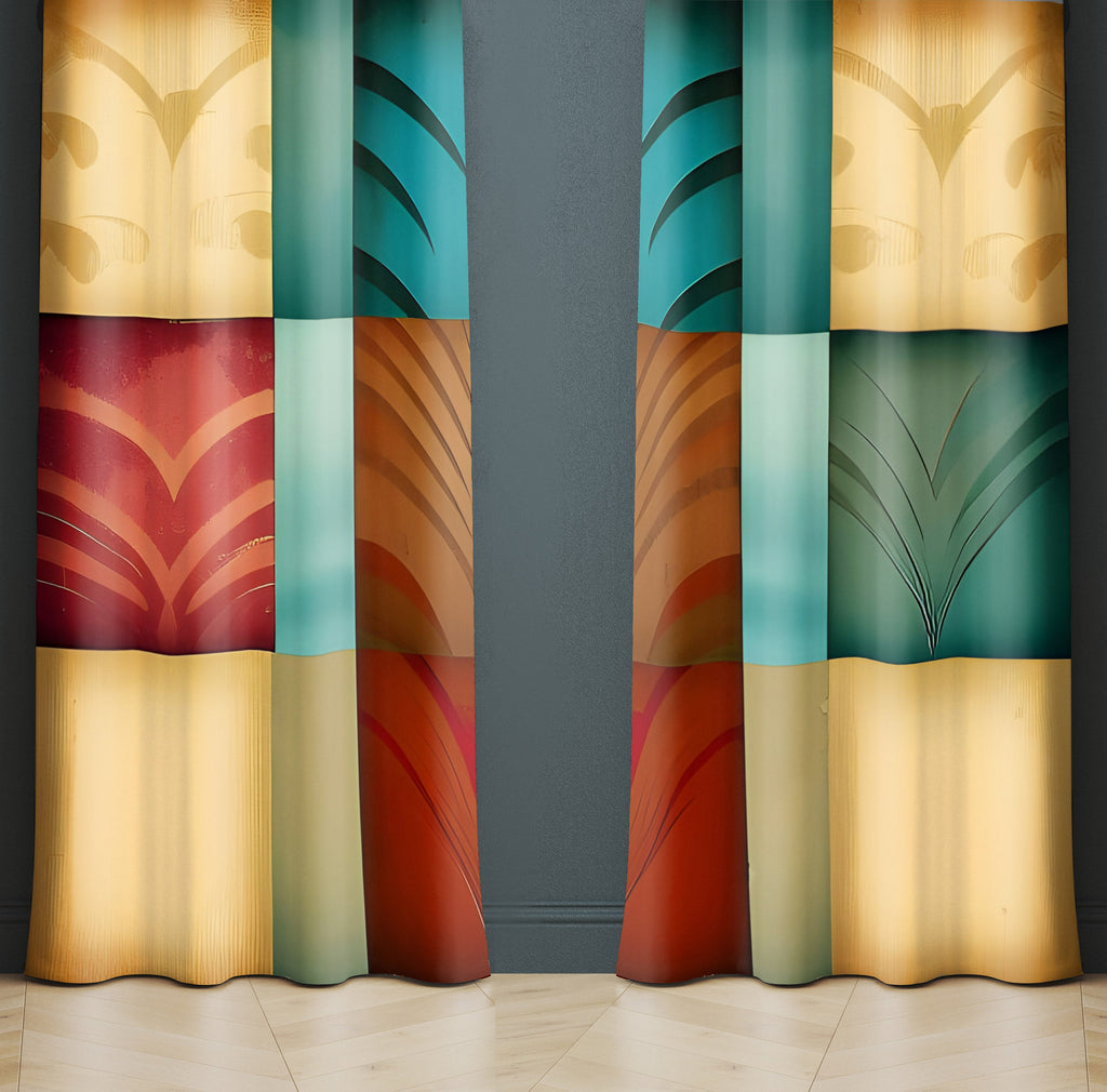 Checkered Window Curtain - Yellow, Red, and Blue Art Deco Pattern - Deja Blue Studios