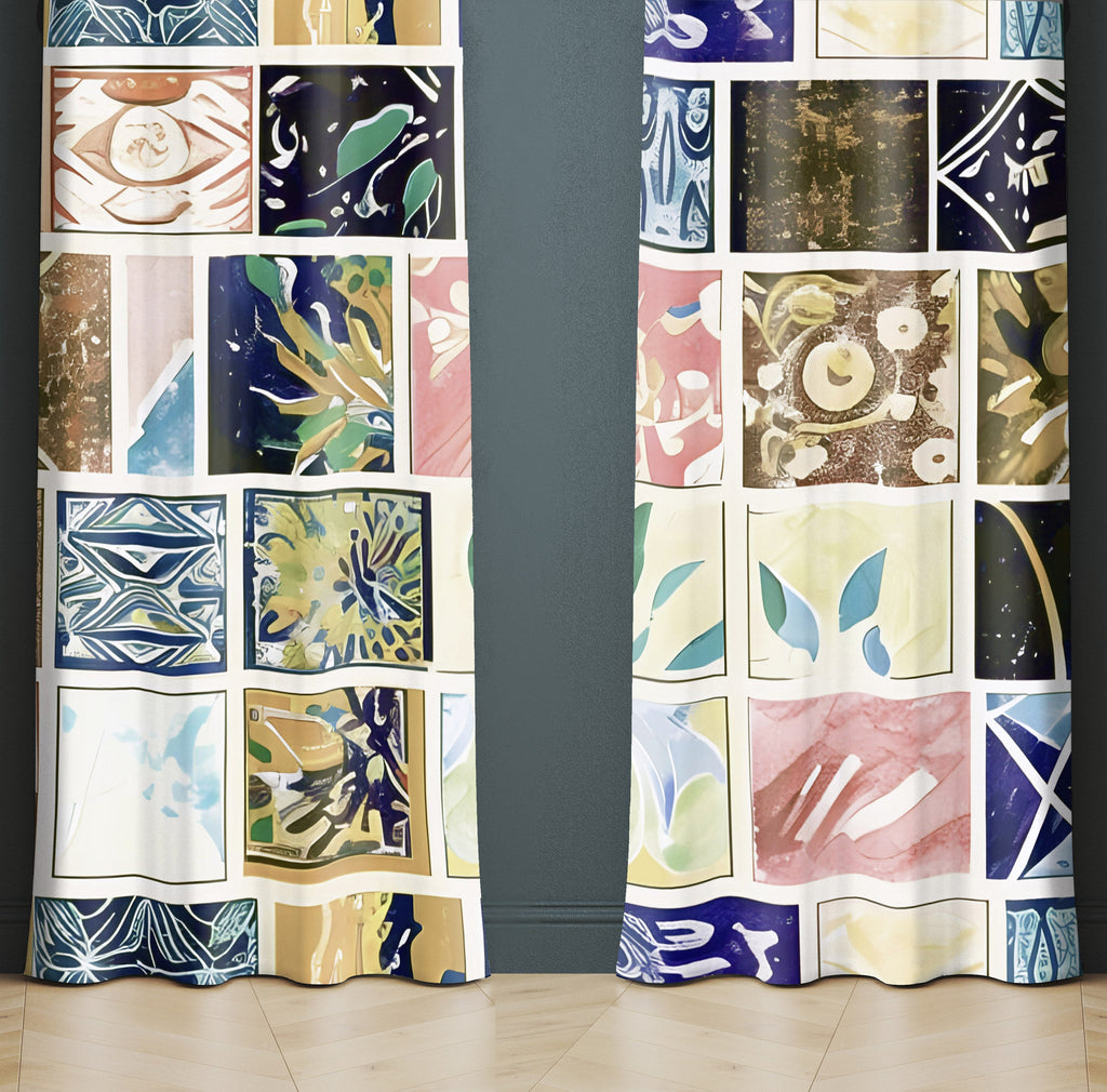 Abstract Window Curtain - Pink and Blue Checkered Florals - Deja Blue Studios