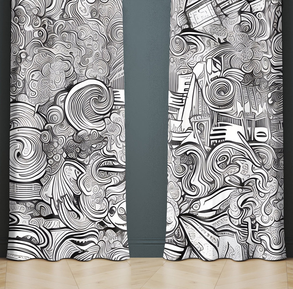 Abstract Window Curtain - Black and White Swirly Cityscape - Deja Blue Studios