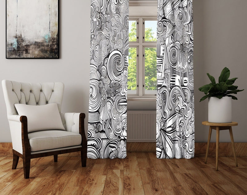 Abstract Window Curtain - Black and White Swirly Cityscape - Deja Blue Studios