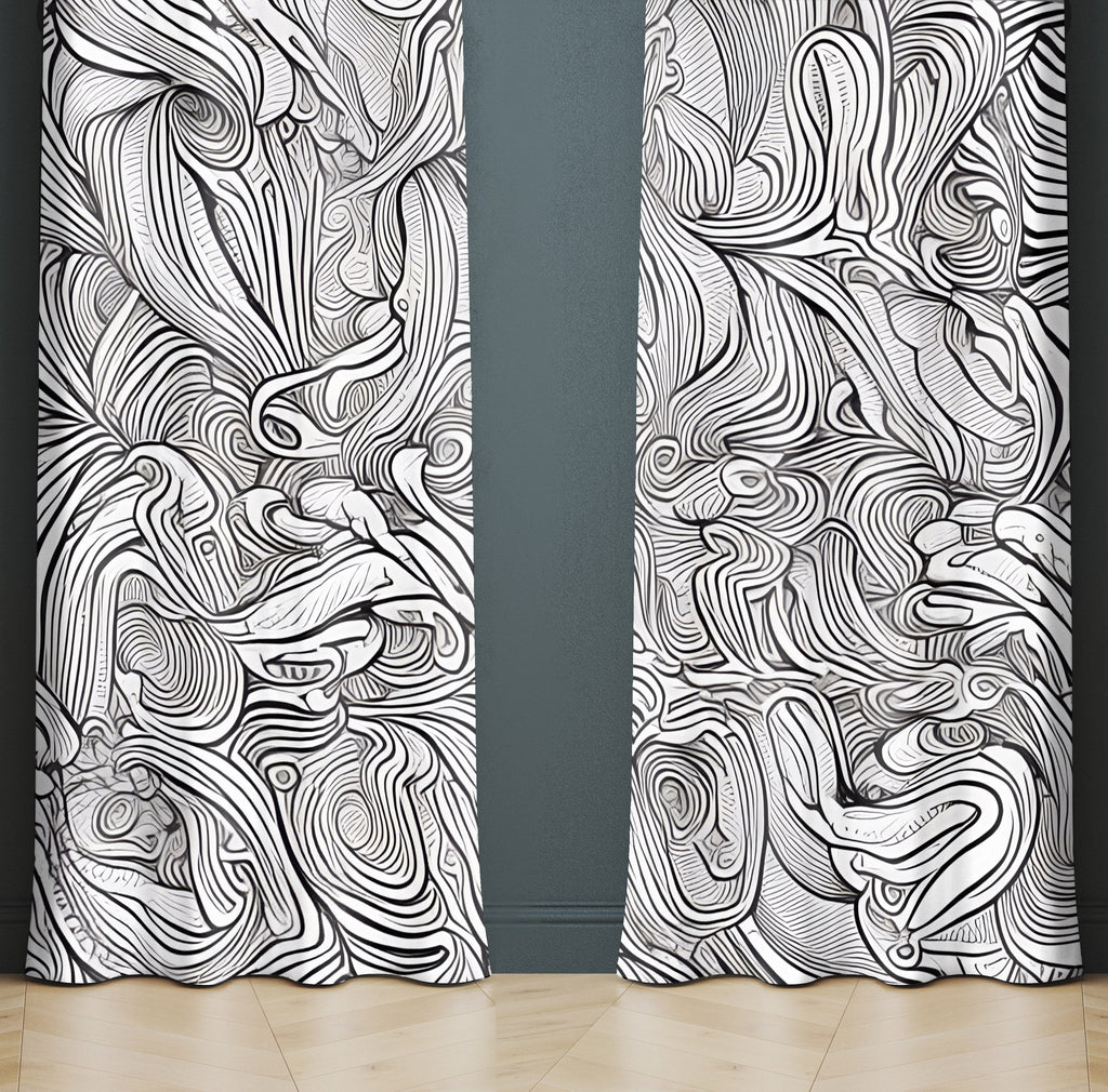 Abstract Window Curtain - Black and White Ocean Floor - Deja Blue Studios