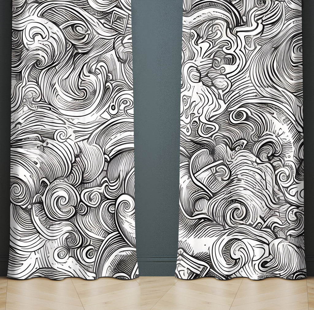 Abstract Window Curtain - Black and White Ocean Storm - Deja Blue Studios