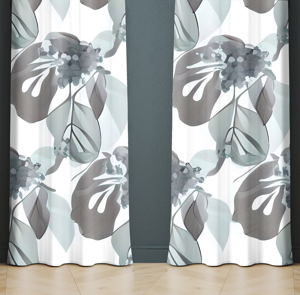 Floral Window Curtain - Gray Watercolor Monstera Leaf Pattern - Deja Blue Studios