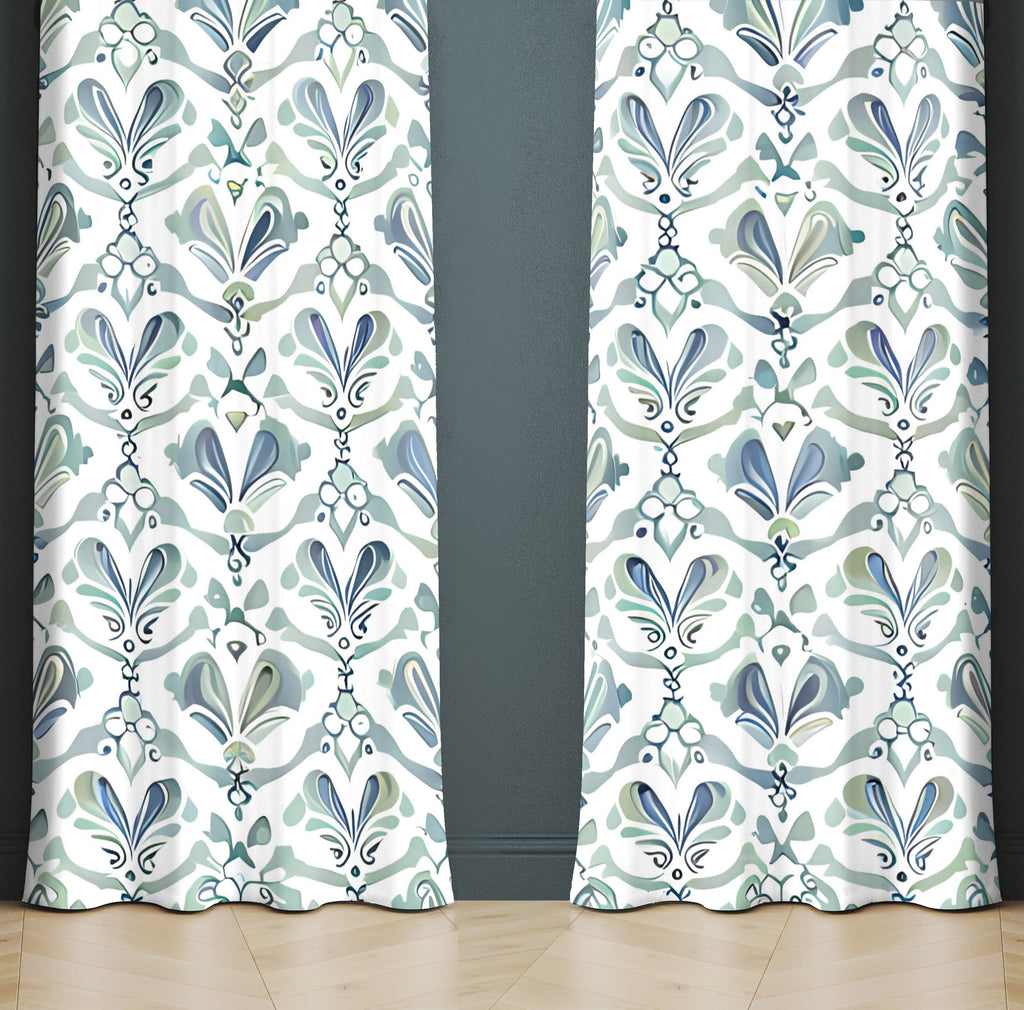 Abstract Window Curtain - Blue and Green Demask Pattern - Deja Blue Studios