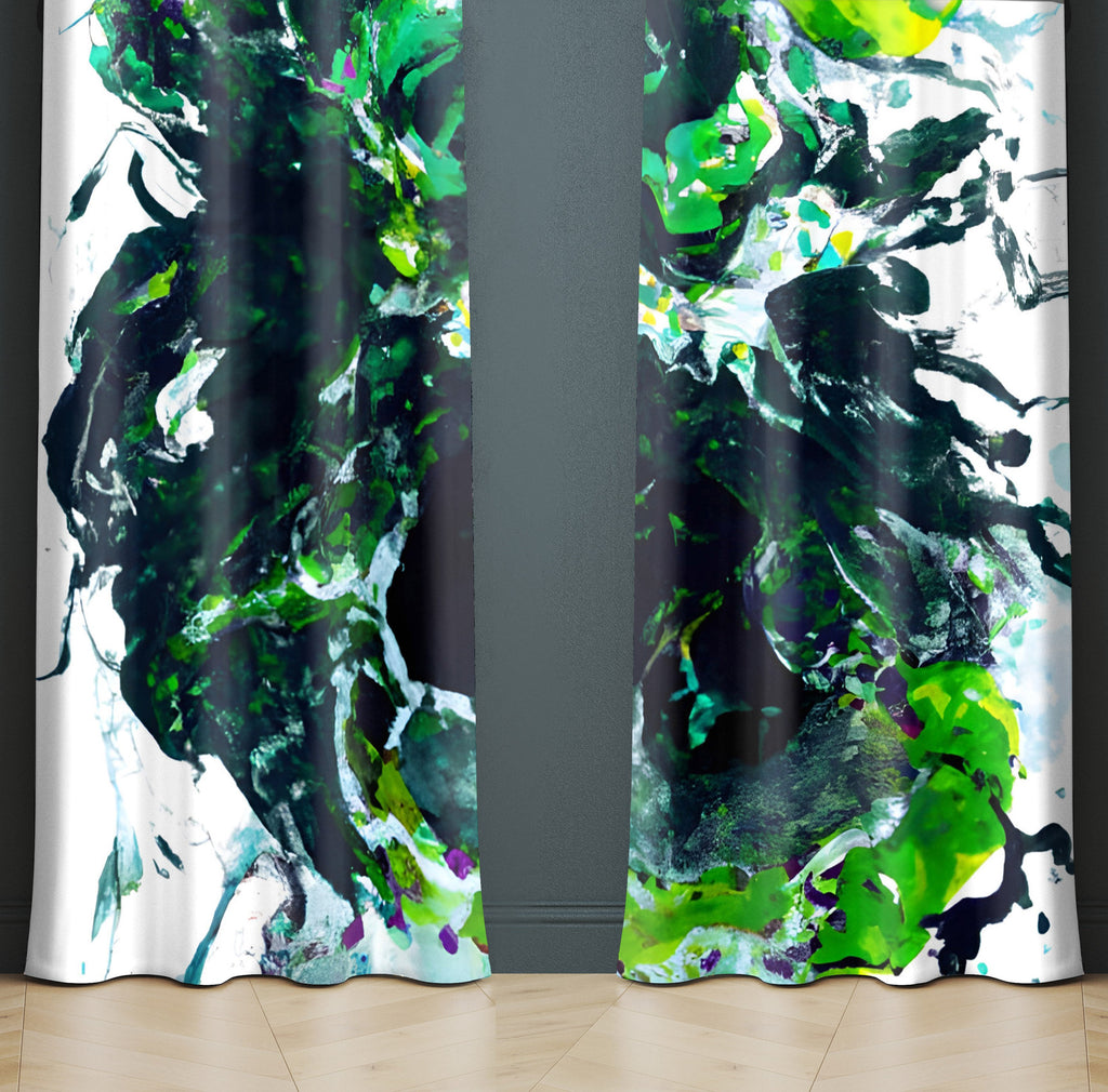 Abstract Window Curtain - Blue and Green Paint Splatter Pattern - Deja Blue Studios