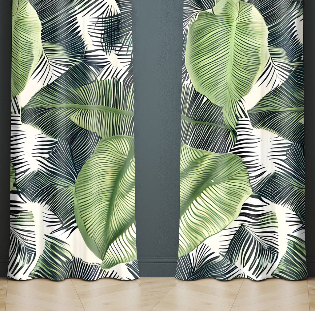 Floral Window Curtain - Green and Black Palm Leaf Pattern - Deja Blue Studios