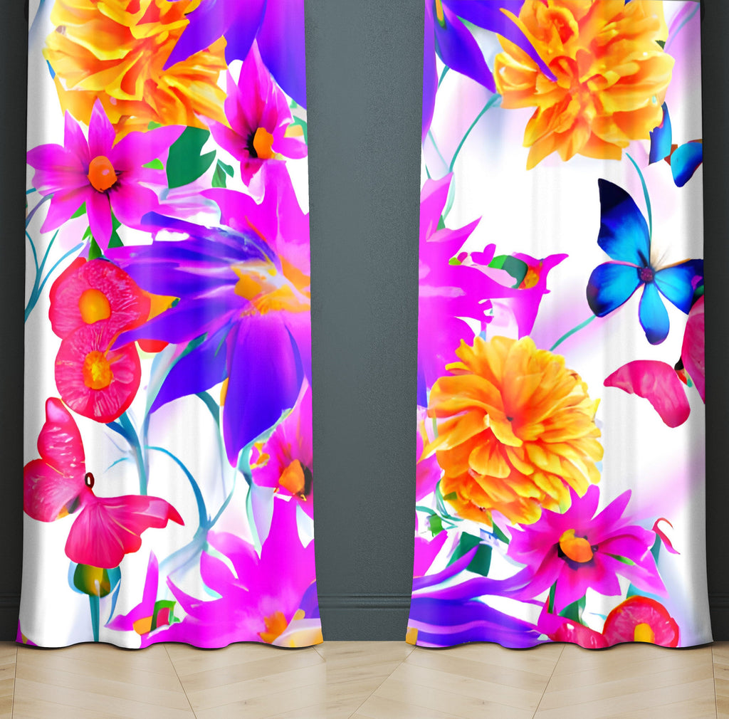 Floral Window Curtain - Purple Dahlia and Orange Chrysanthemum Bouquet - Deja Blue Studios