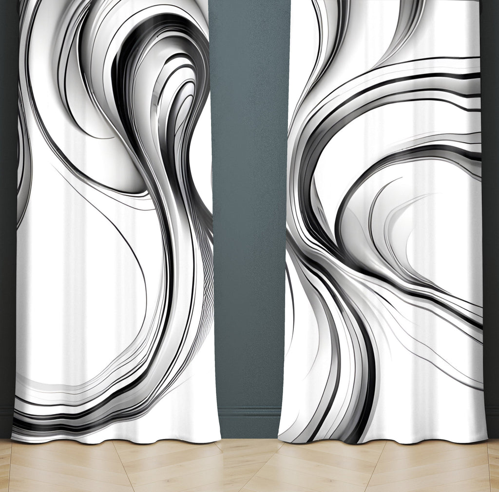 Watercolor Window Curtain - Black and White Faux Alcohol Ink Swirls - Deja Blue Studios