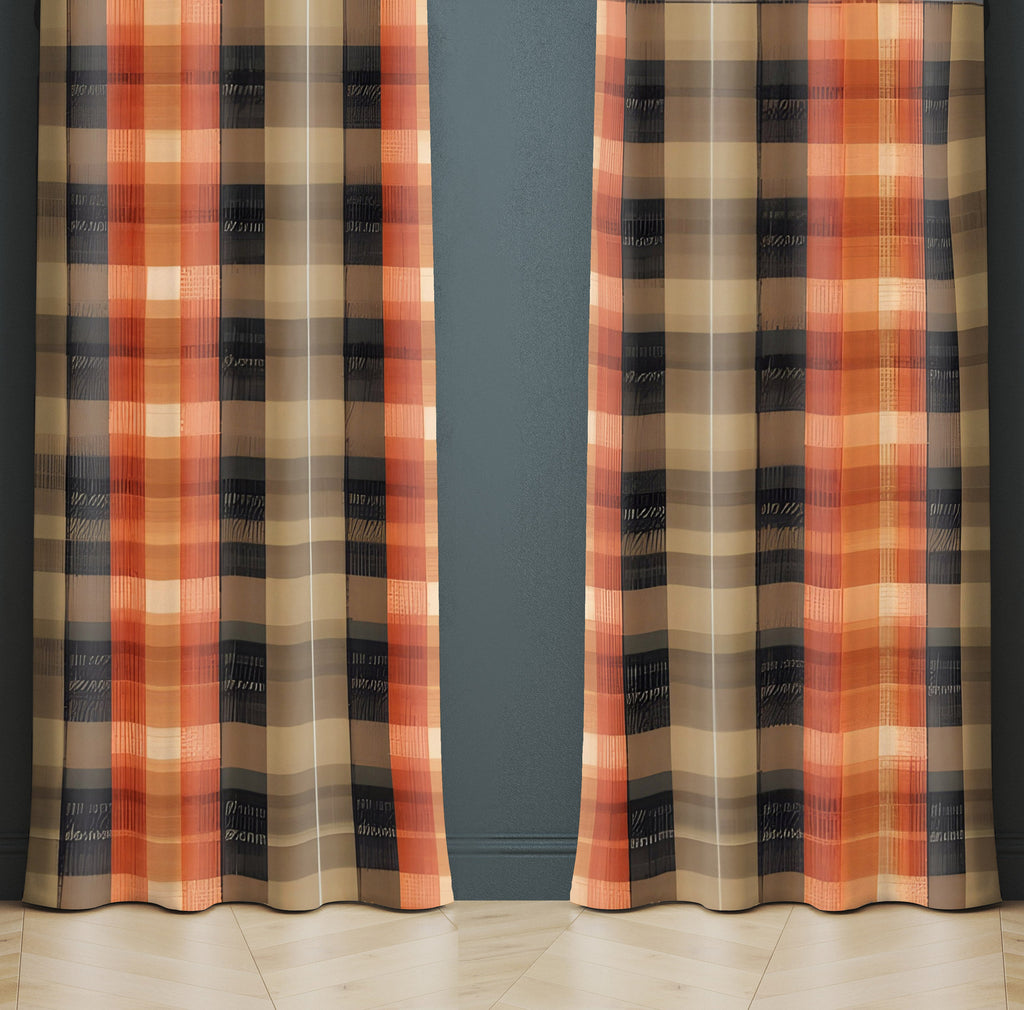 Checkered Window Curtain - Brown and Orange Log Cabin Themed Pattern - Deja Blue Studios