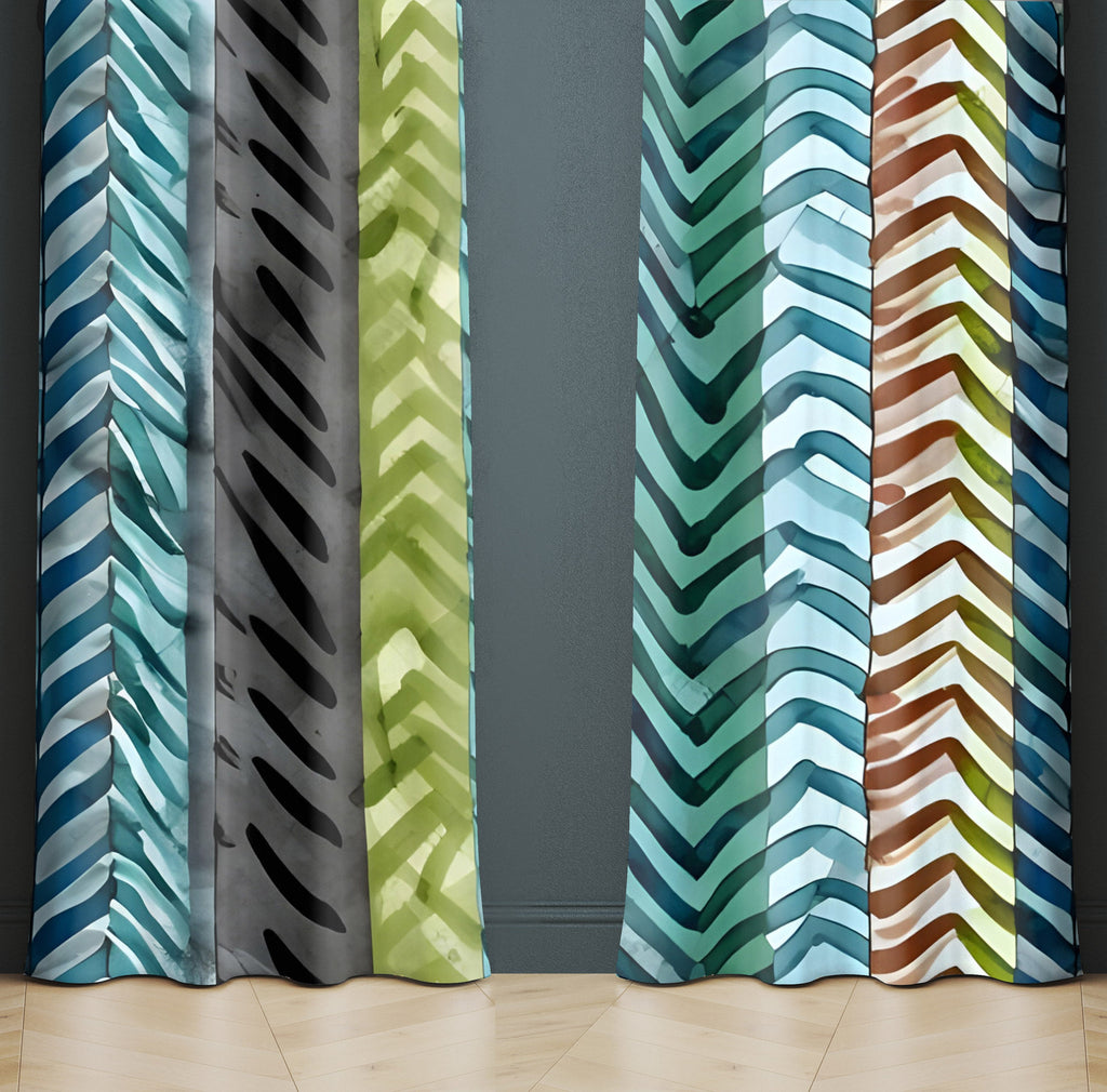 Chevron Window Curtain - Green and Blue Striped Chevron Pattern - Deja Blue Studios