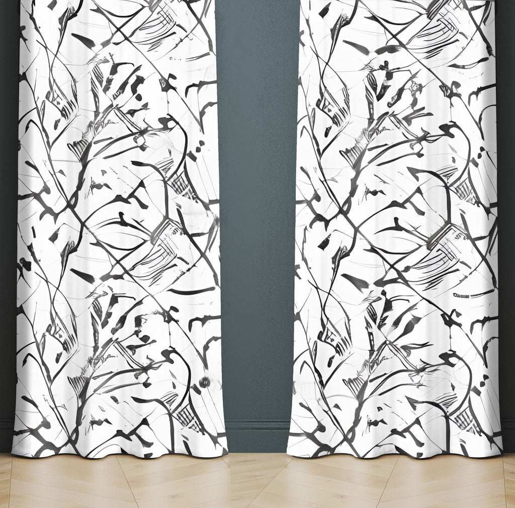 Floral Window Curtain - Abstract Black and White Vines - Deja Blue Studios