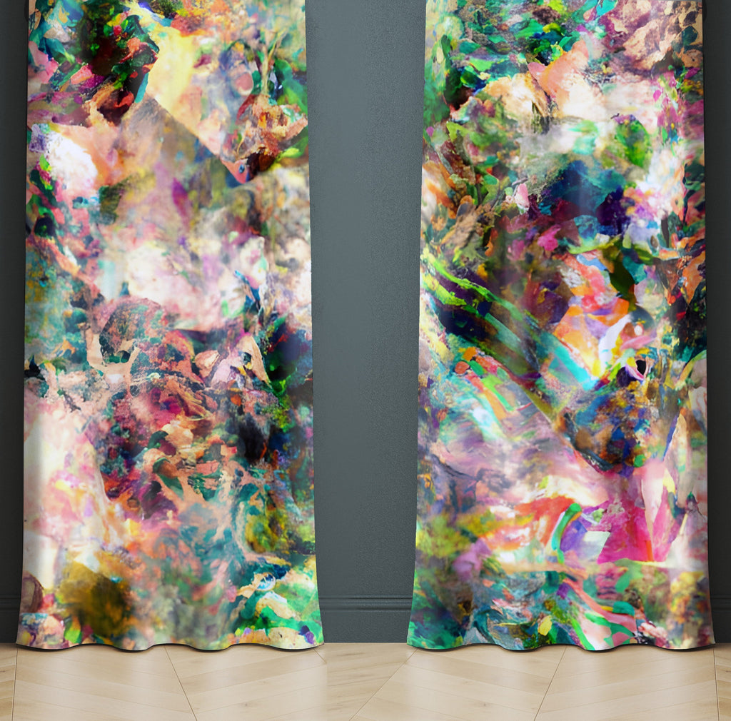 Abstract Window Curtain - Green and Pink Kaleidoscope Pattern - Deja Blue Studios