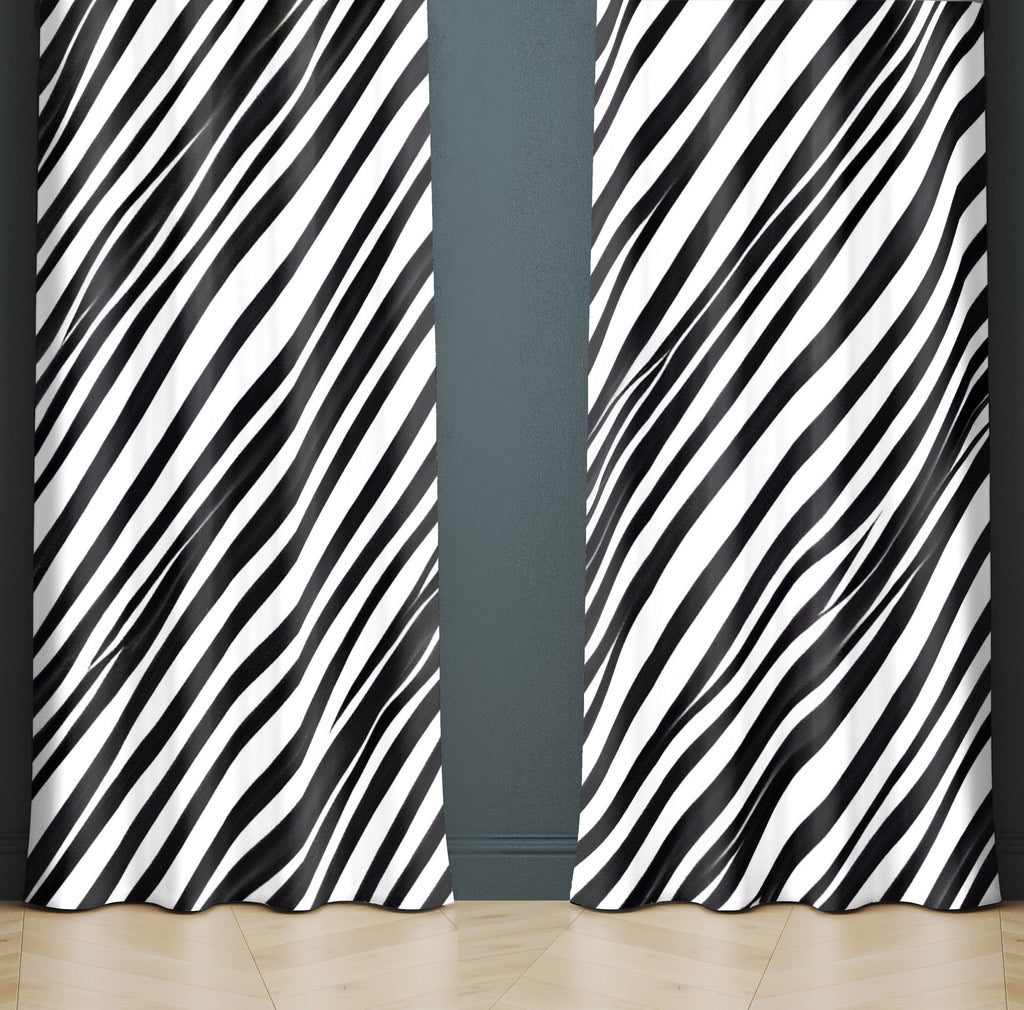 Striped Window Curtain - Black and White Diagonal Slant - Deja Blue Studios