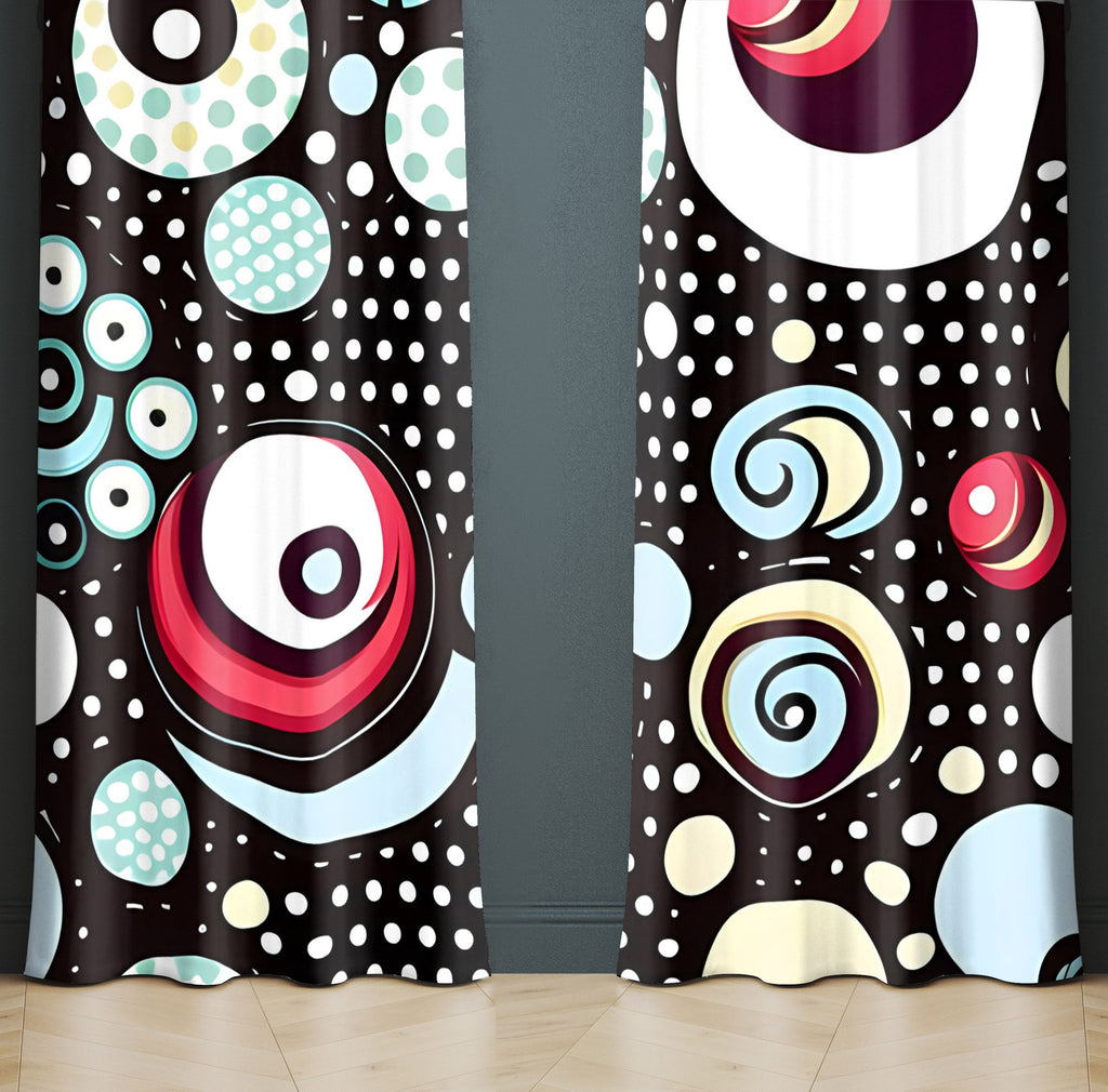 Polka Dot Window Curtain - Red and Blue Swirls on Black and White Polka Dot - Deja Blue Studios