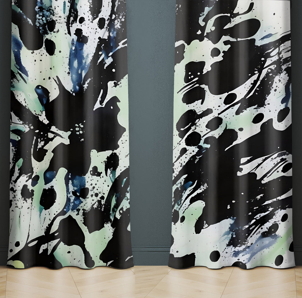 Abstract Window Curtain - Green and Black Paint Splatters - Deja Blue Studios
