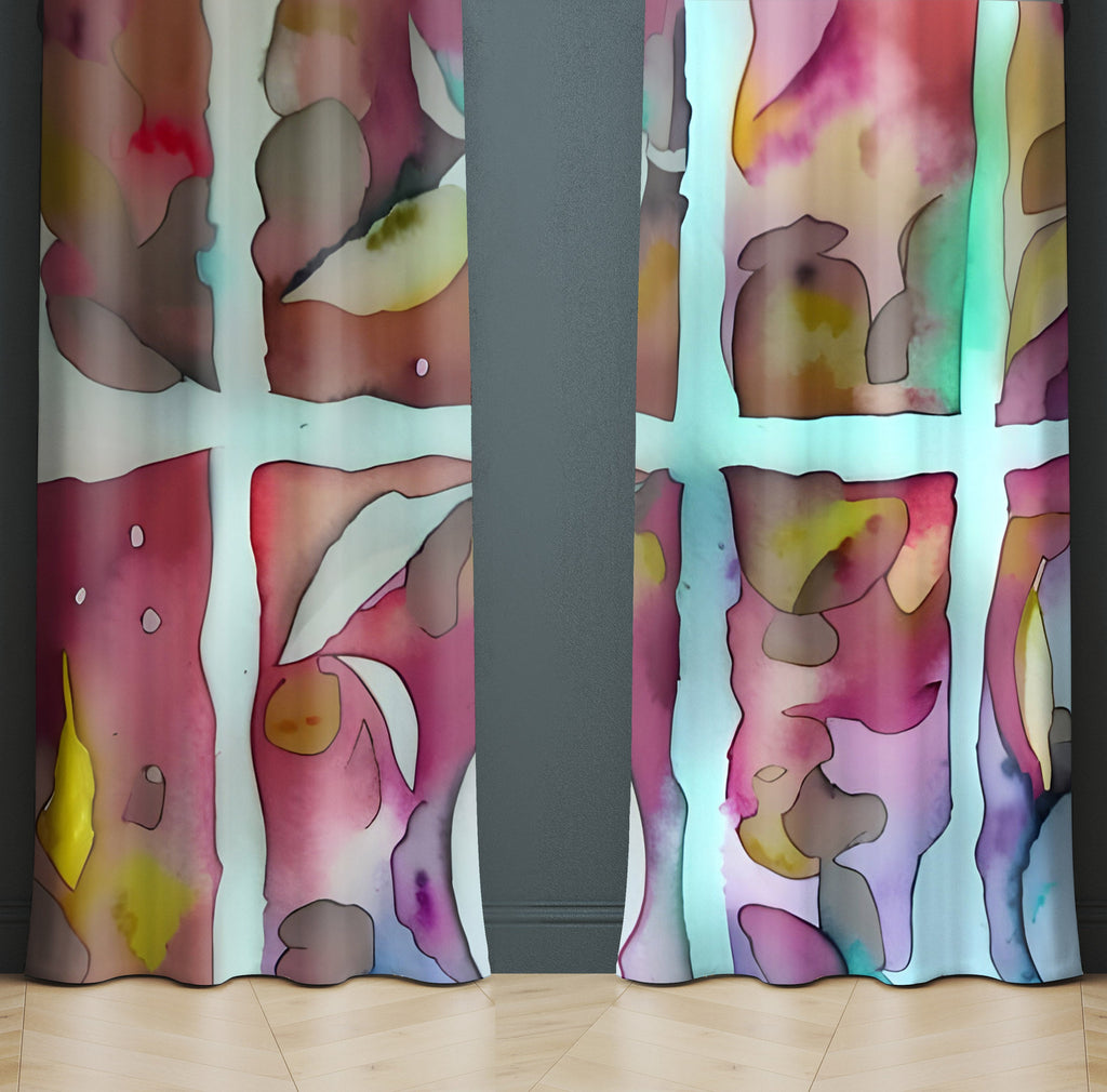 Abstract Window Curtain - Watercolor Early Morning Stained Glass - Deja Blue Studios