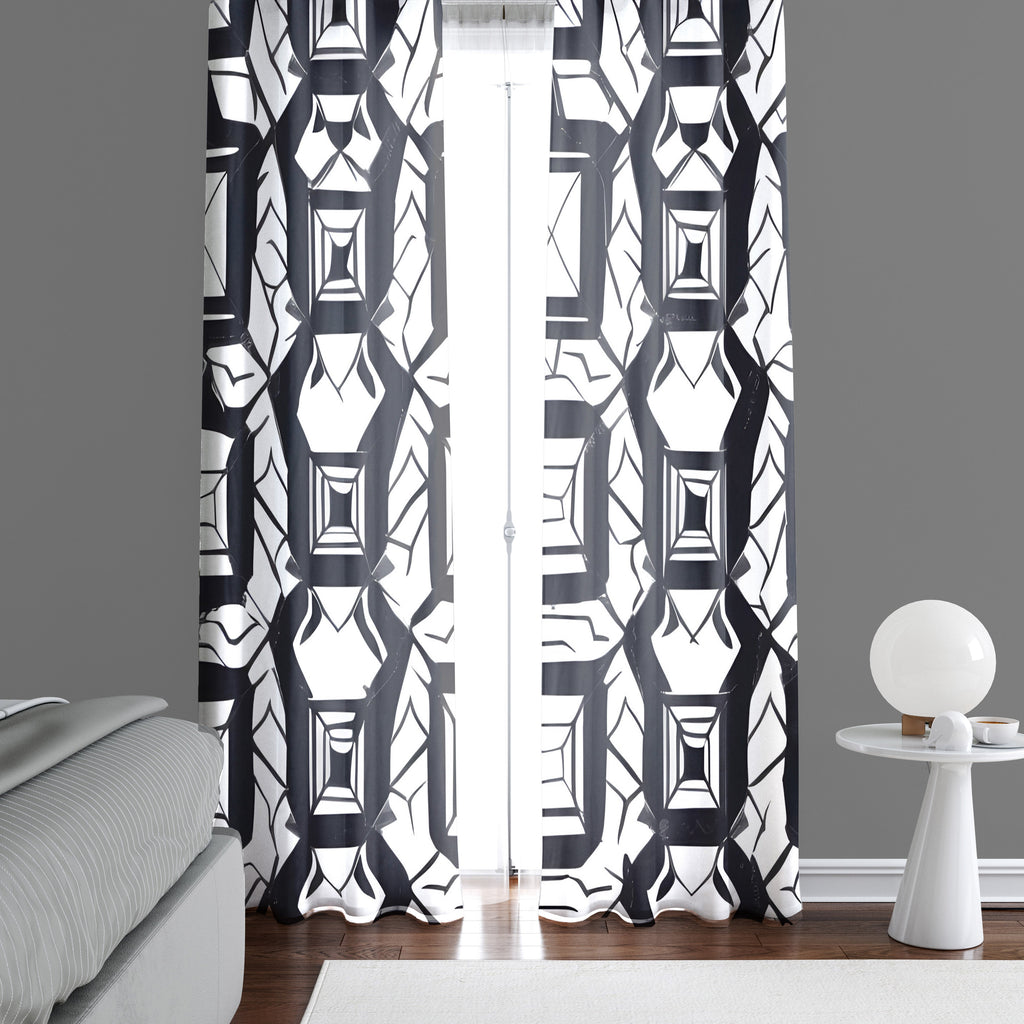 Geometric Window Curtain - Black and White Abstract Squares - Deja Blue Studios