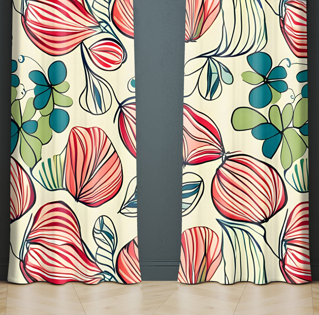 Floral Window Curtain - Minimalist Red Peony Pattern - Deja Blue Studios