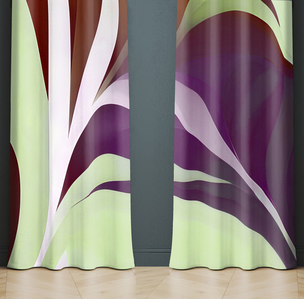 Floral Window Curtain - Abstract Purple and Green Palm Leaf - Deja Blue Studios