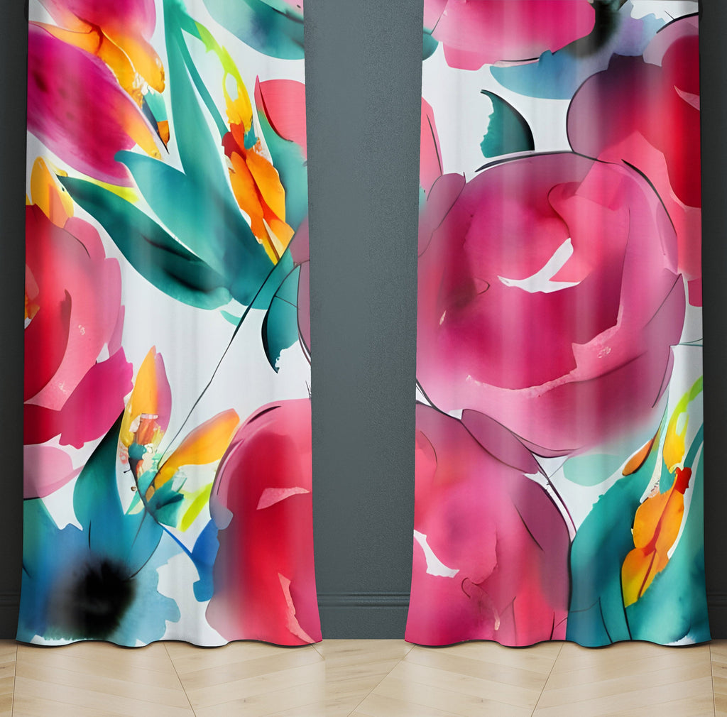 Floral Window Curtain - Watercolor Rose Bouquet - Deja Blue Studios
