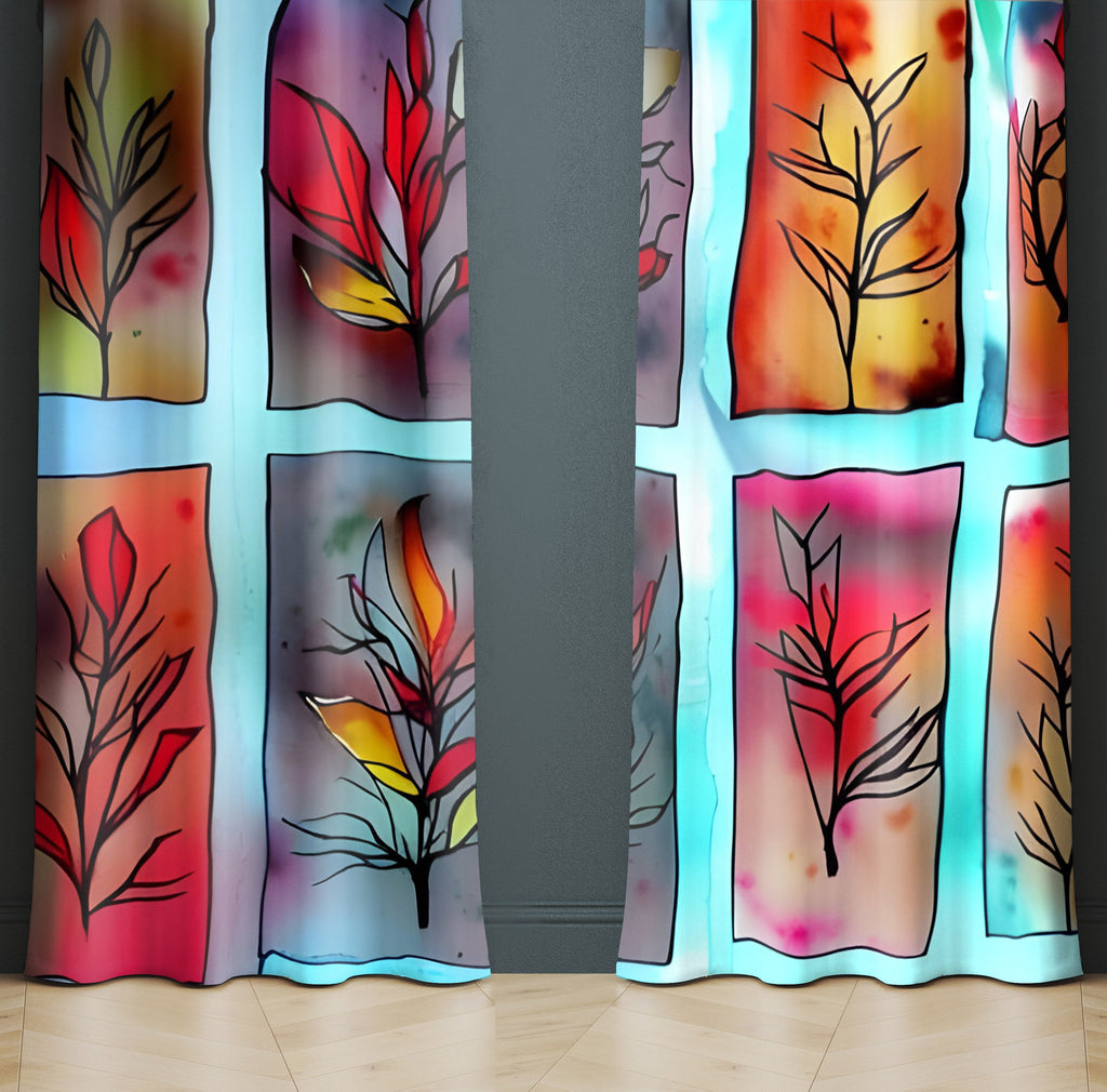 Floral Window Curtain - Pressed Autumn Leaves Stained Glass - Deja Blue Studios