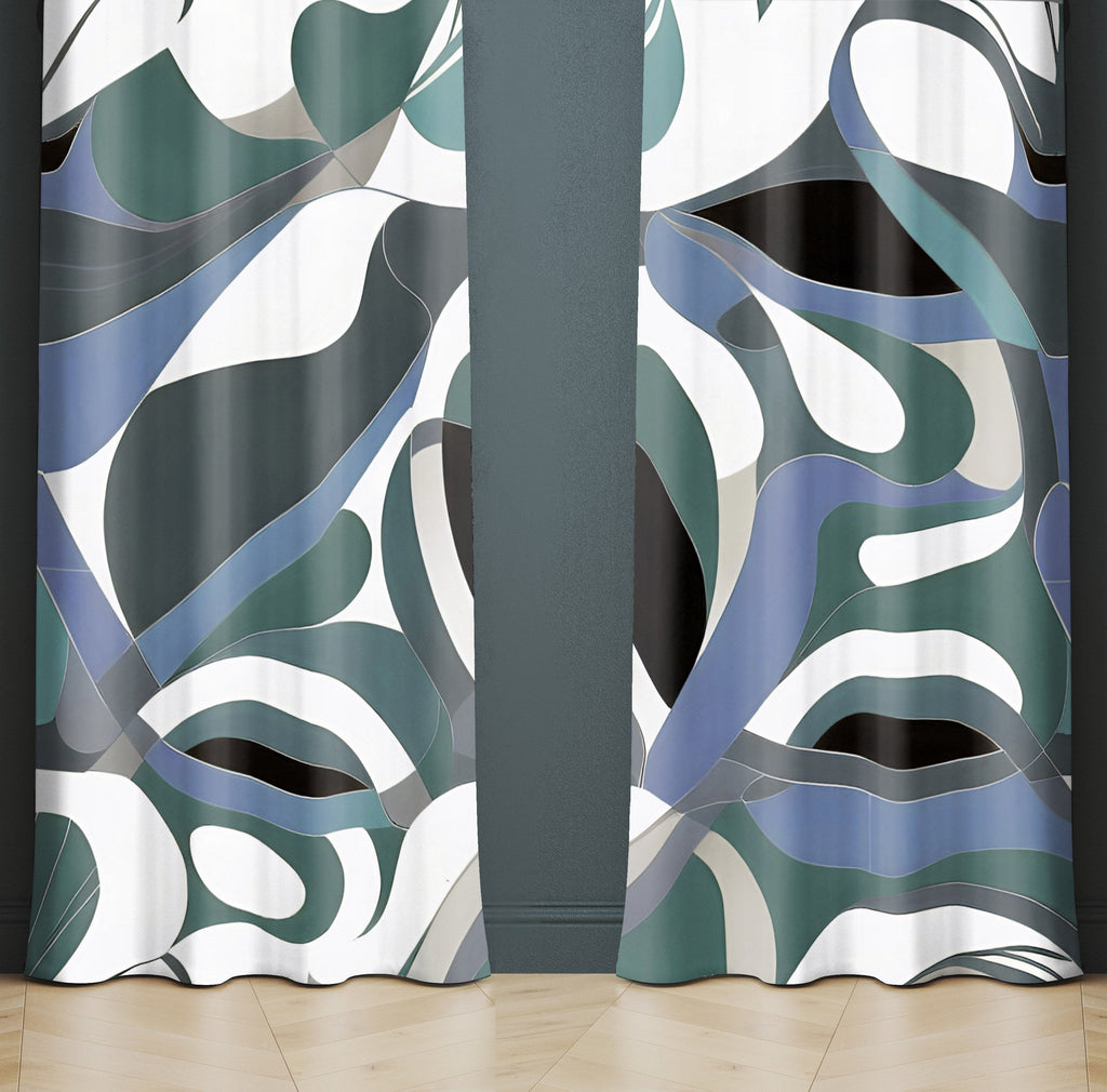 Abstract Window Curtain - Emerald Green and Steel Blue Painted Swirls - Deja Blue Studios