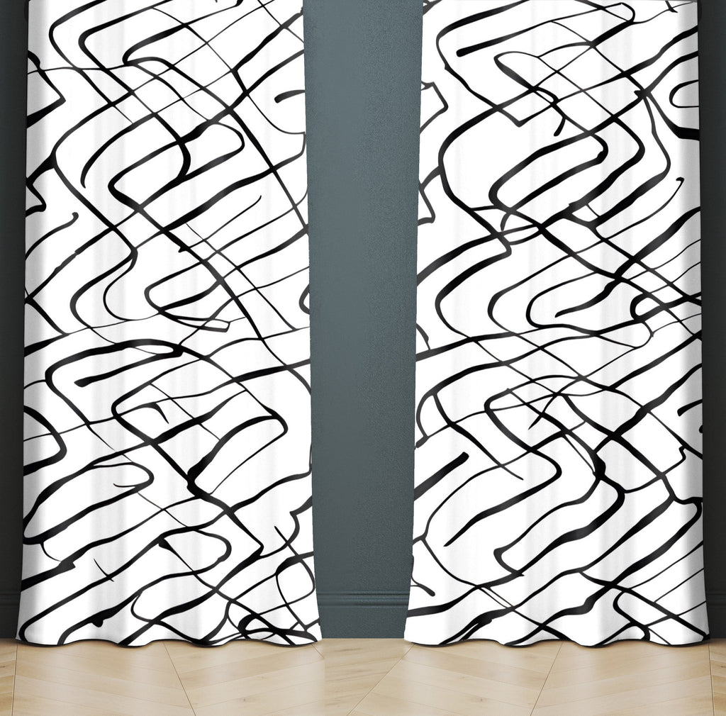 Abstract Window Curtain - Wavy Black and White Stripes - Deja Blue Studios