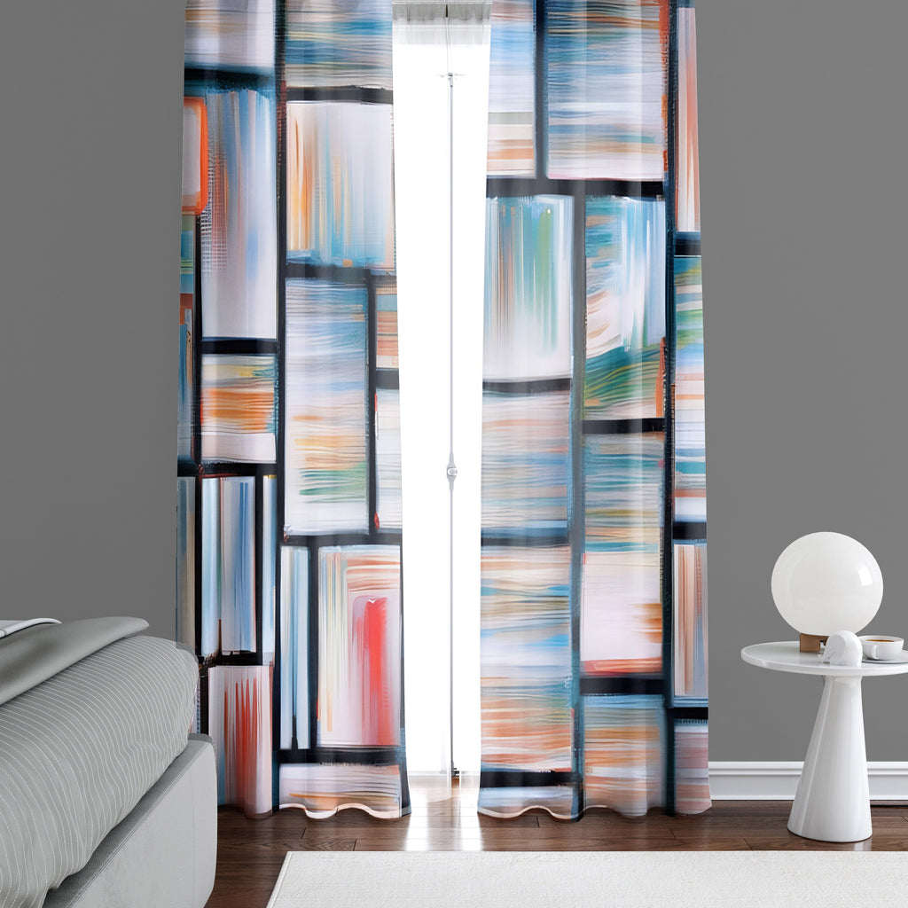 Abstract Window Curtain - Blue and Red Geometric Stained Glass - Deja Blue Studios