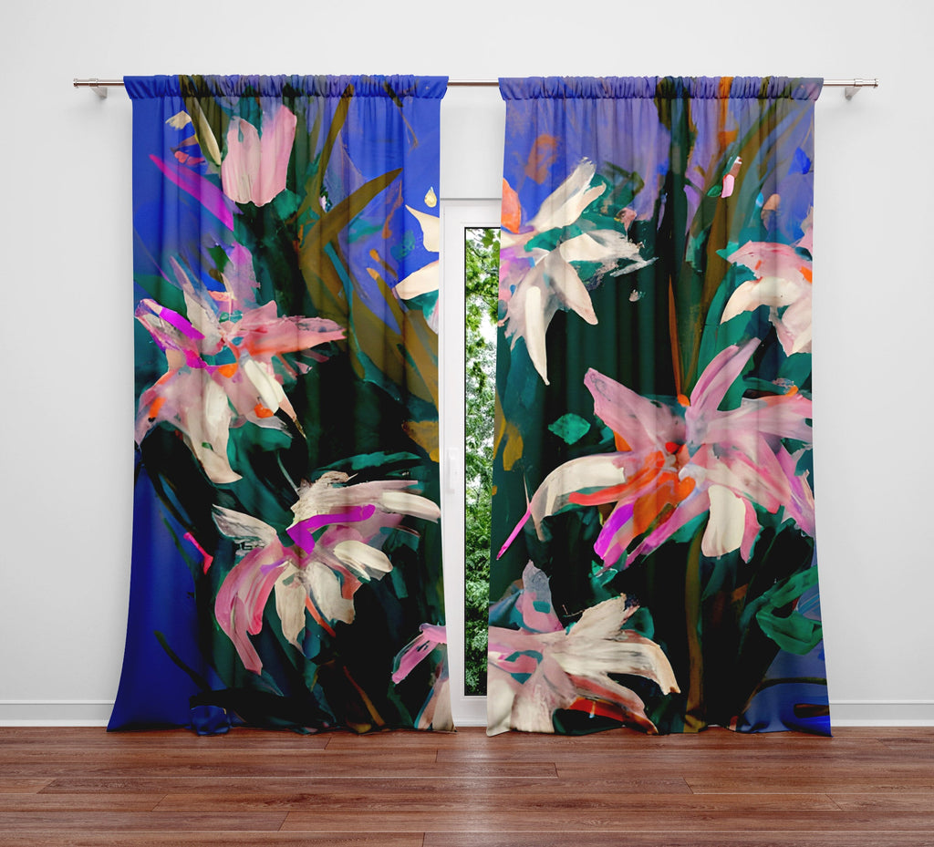 Floral Window Curtain - Watercolor Pink and White Lilies - Deja Blue Studios