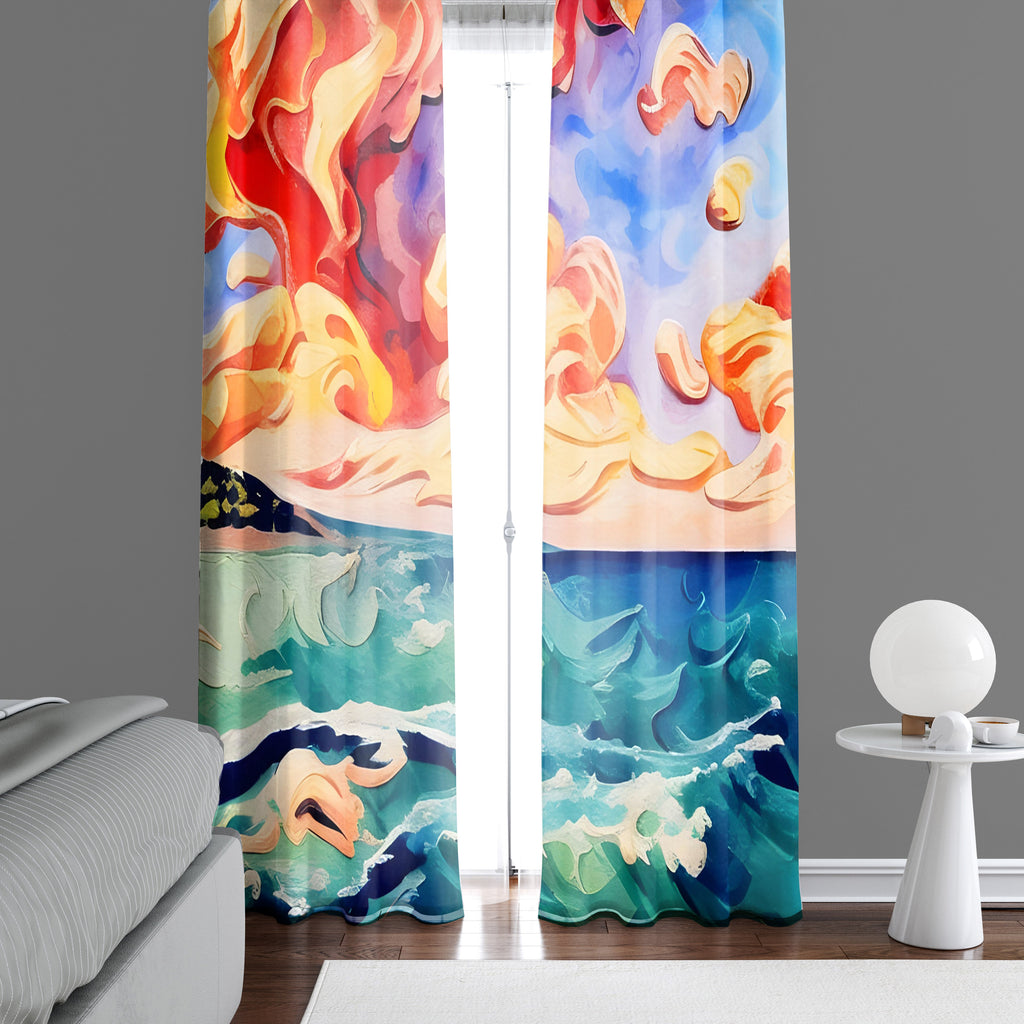 Abstract Window Curtain - Orange and Blue Sunset Oceanside - Deja Blue Studios